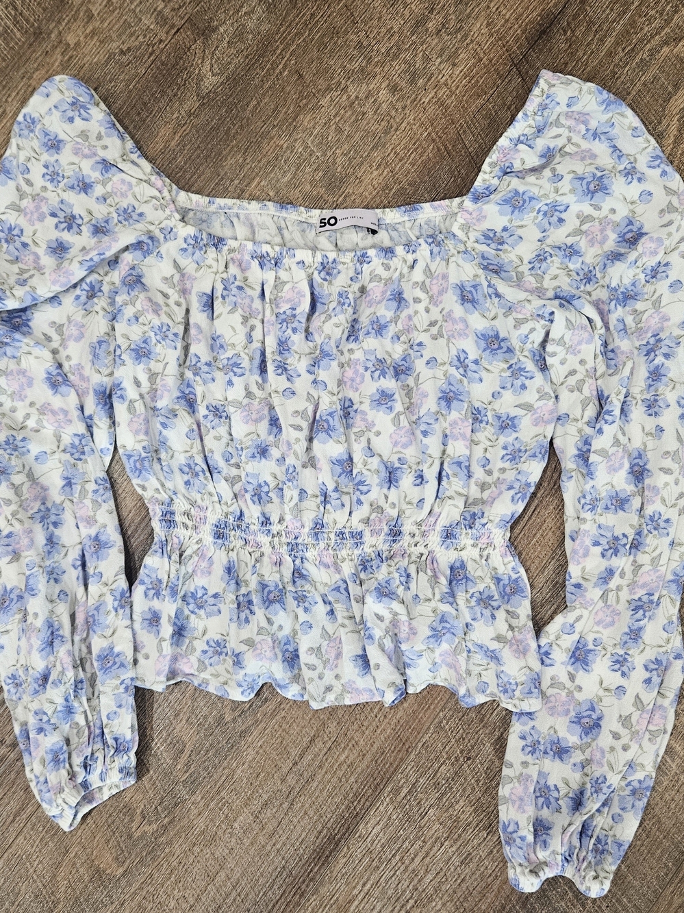 SO White Floral Smocked Peplum Top with Blue Lilac Flowers